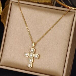 Ethnic Style Cross Stainless Steel Inlay Pendant Necklace